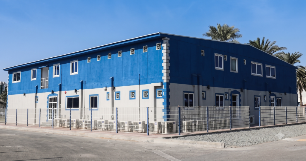 prefab blue building